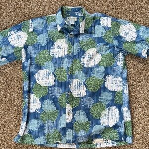 Men's Blue and Green Leaf Print Hawaiian Shirt from Sandwich Isle clothing